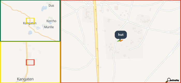 Map showing the address of hut in three different zoom levels.