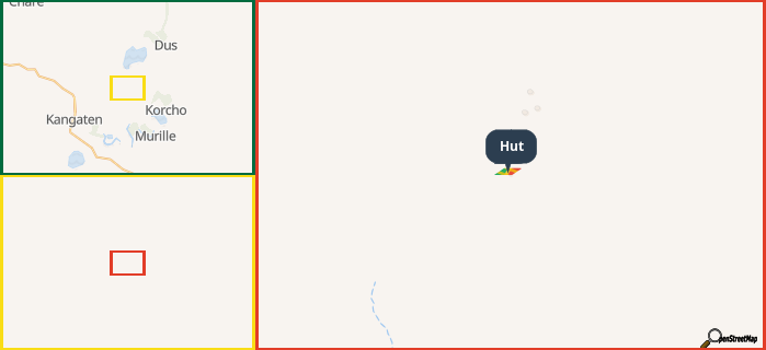 Map showing the address of Hut in three different zoom levels.