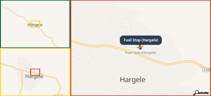 Map showing the address of Fuel Stop (Hargele) in three different zoom levels.
