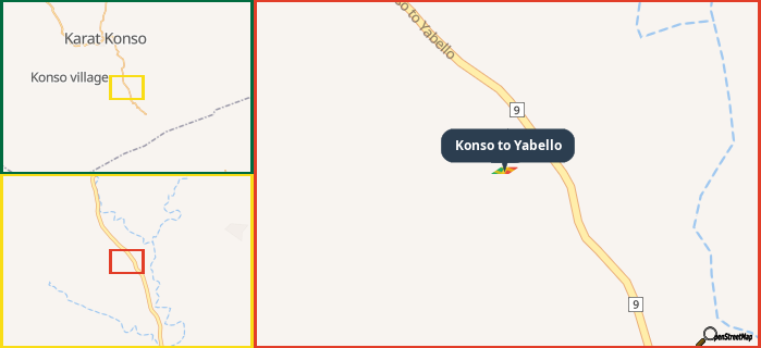 Map showing the address of Konso to Yabello in three different zoom levels.