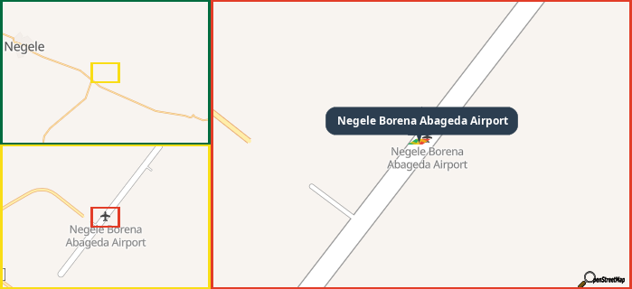 Map showing the address of Negele Borena Abageda Airport in three different zoom levels.