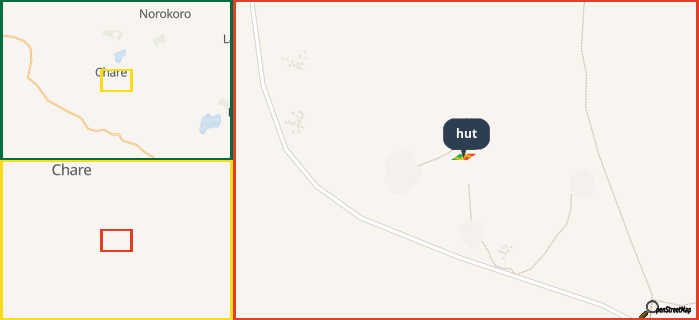 Map showing the address of hut in three different zoom levels.