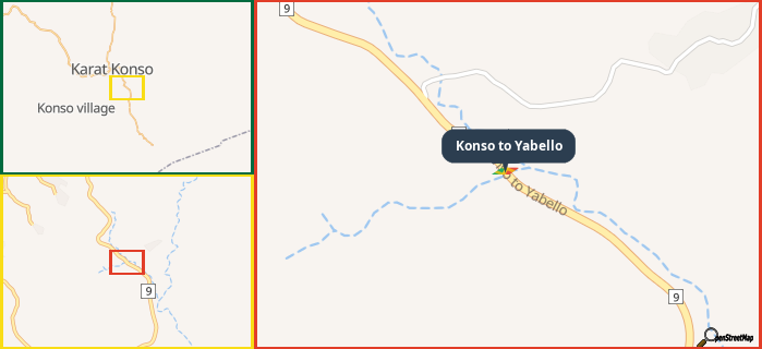 Map showing the address of Konso to Yabello in three different zoom levels.