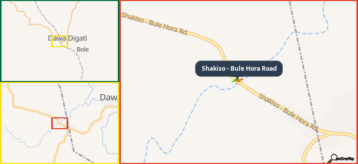 Map showing the address of Shakiso - Bule Hora Road in three different zoom levels.