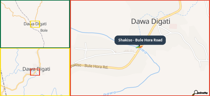 Map showing the address of Shakiso - Bule Hora Road in three different zoom levels.