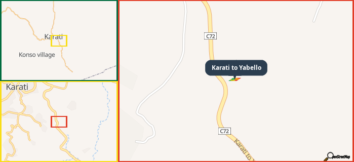Map showing the address of Karati to Yabello in three different zoom levels.
