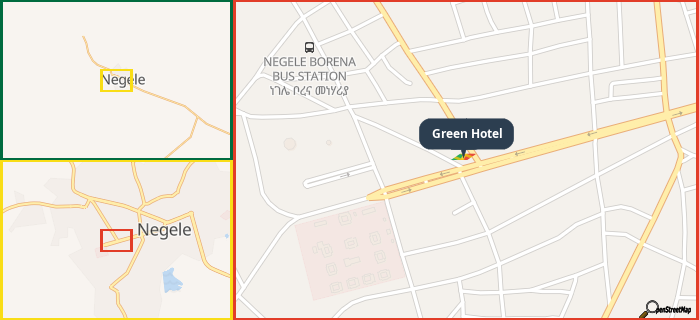 Map showing the address of Green Hotel in three different zoom levels.