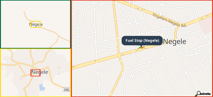 Map showing the address of Fuel Stop (Negele) in three different zoom levels.