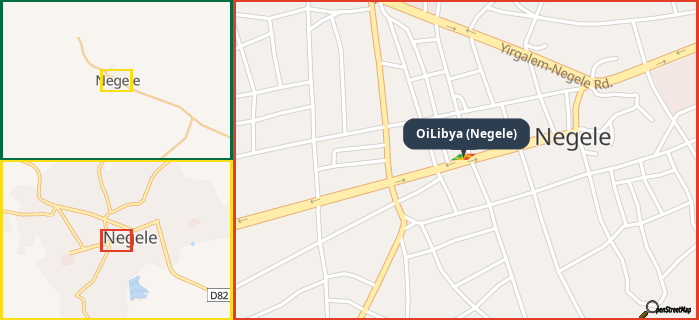 Map showing the address of OiLibya (Negele) in three different zoom levels.