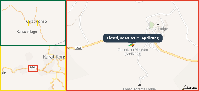 Map showing the address of Closed, no Museum (April2023) in three different zoom levels.