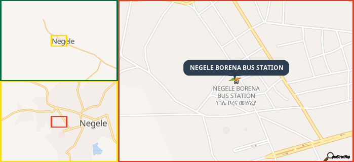 Map showing the address of NEGELE BORENA BUS STATION in three different zoom levels.