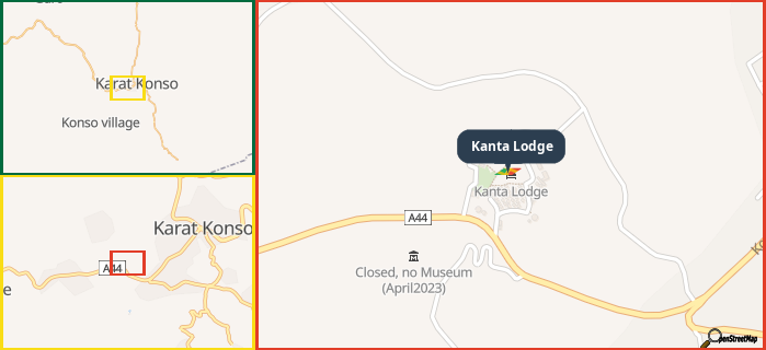 Map showing the address of Kanta Lodge in three different zoom levels.