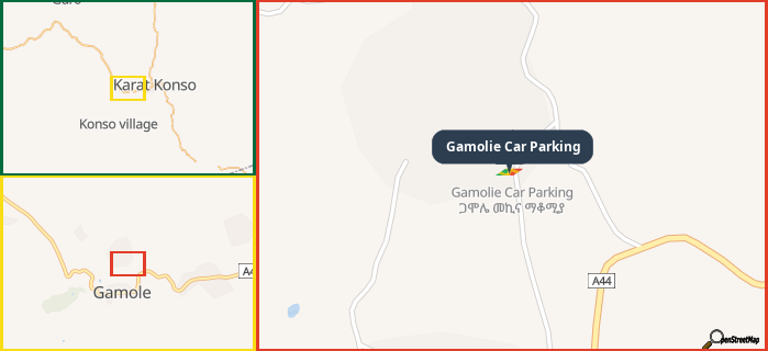 Map showing the address of Gamolie Car Parking in three different zoom levels.