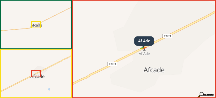 Map showing the address of Af Ade in three different zoom levels.