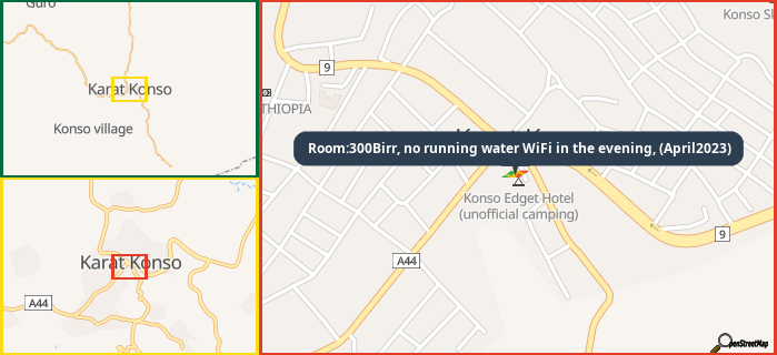 Map showing the address of Room:300Birr, no running water WiFi in the evening, (April2023) in three different zoom levels.