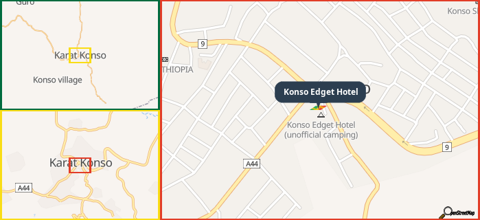 Map showing the address of Konso Edget Hotel in three different zoom levels.