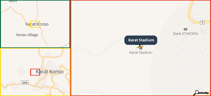 Map showing the address of Karat Stadium in three different zoom levels.