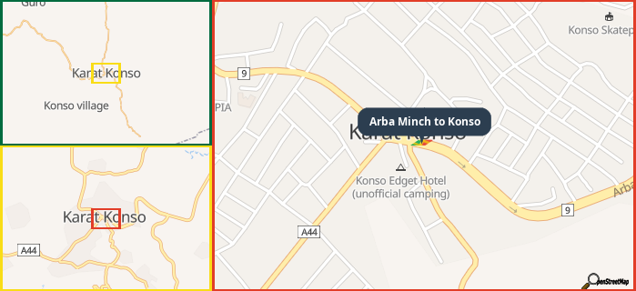 Map showing the address of Arba Minch to Konso in three different zoom levels.