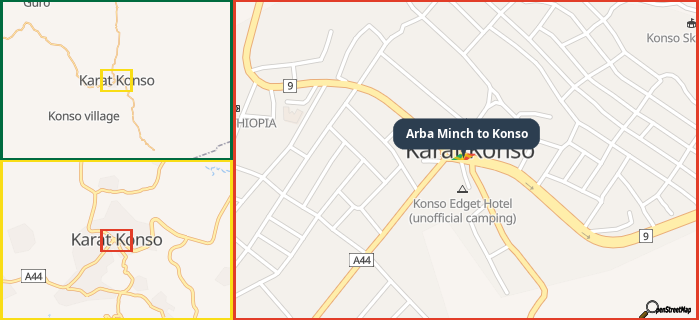 Map showing the address of Arba Minch to Konso in three different zoom levels.
