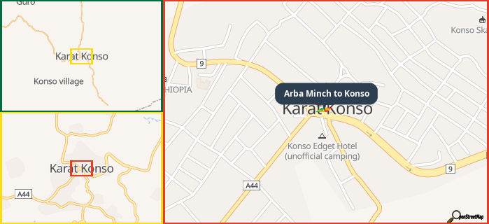 Map showing the address of Arba Minch to Konso in three different zoom levels.