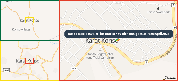Map showing the address of Bus to Jabelo150Birr, for tourist 450 Birr. Bus goes at 7am(April2023) in three different zoom levels.