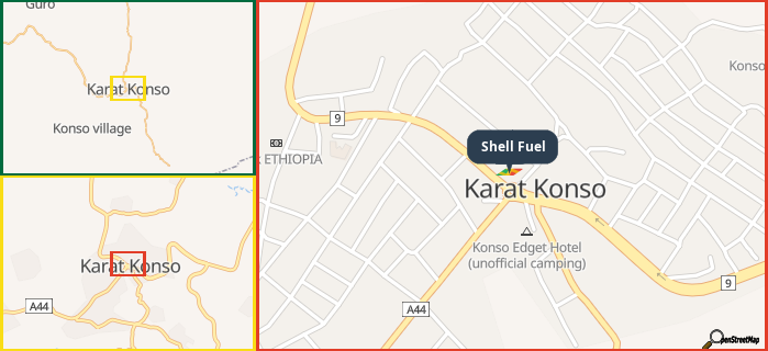Map showing the address of Shell Fuel in three different zoom levels.
