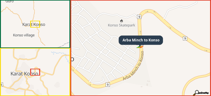Map showing the address of Arba Minch to Konso in three different zoom levels.