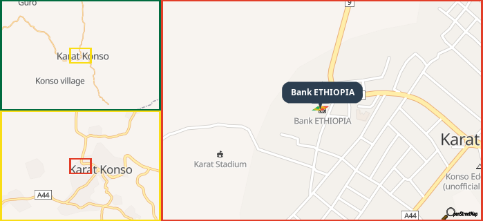 Map showing the address of Bank ETHIOPIA in three different zoom levels.