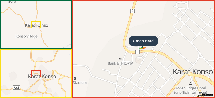 Map showing the address of Green Hotel in three different zoom levels.