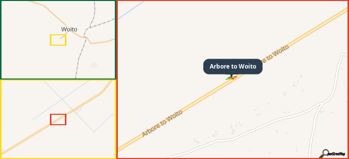 Map showing the address of Arbore to Woito in three different zoom levels.