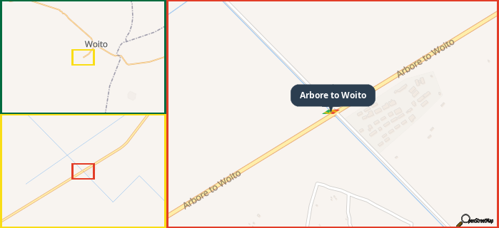 Map showing the address of Arbore to Woito in three different zoom levels.