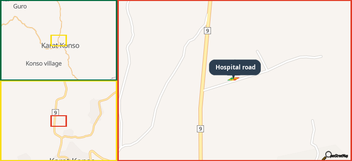 Map showing the address of Hospital road in three different zoom levels.