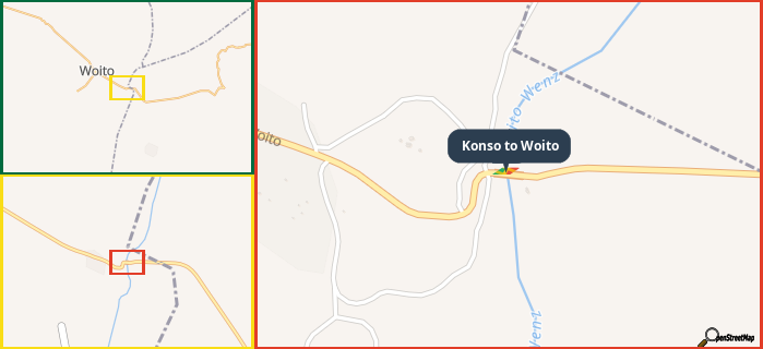 Map showing the address of Konso to Woito in three different zoom levels.