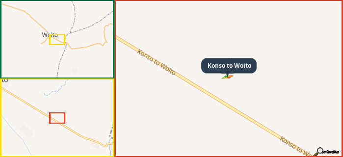 Map showing the address of Konso to Woito in three different zoom levels.