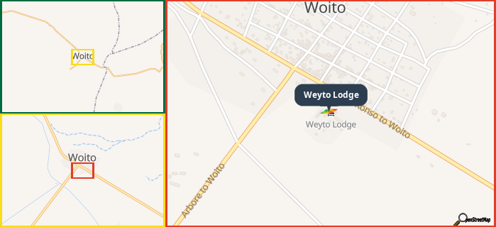 Map showing the address of Weyto Lodge in three different zoom levels.