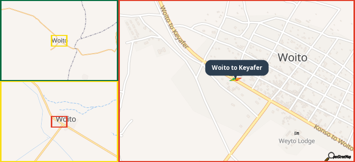 Map showing the address of Woito to Keyafer in three different zoom levels.