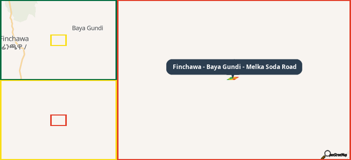 Map showing the address of Finchawa - Baya Gundi - Melka Soda Road in three different zoom levels.