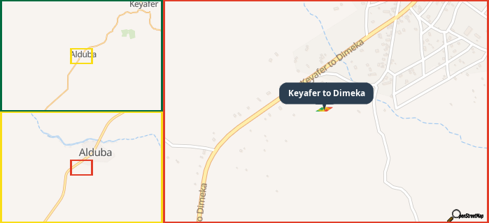 Map showing the address of Keyafer to Dimeka in three different zoom levels.
