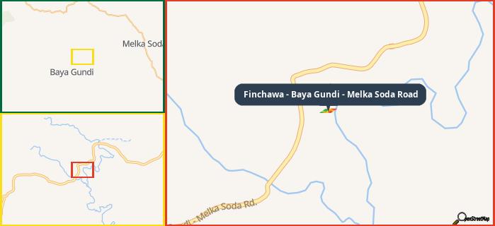 Map showing the address of Finchawa - Baya Gundi - Melka Soda Road in three different zoom levels.