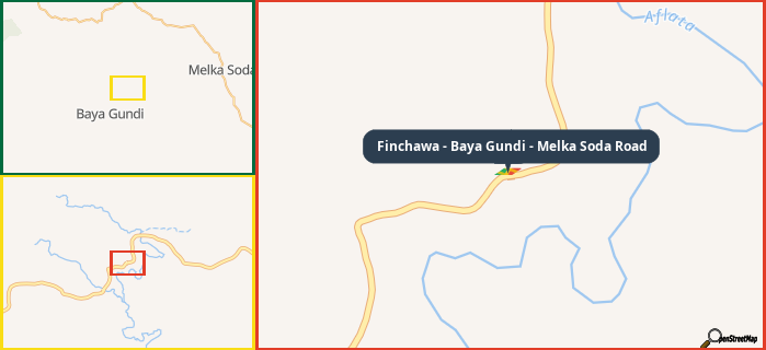 Map showing the address of Finchawa - Baya Gundi - Melka Soda Road in three different zoom levels.