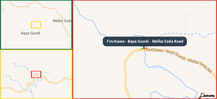 Map showing the address of Finchawa - Baya Gundi - Melka Soda Road in three different zoom levels.