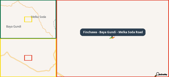 Map showing the address of Finchawa - Baya Gundi - Melka Soda Road in three different zoom levels.