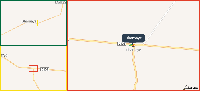 Map showing the address of Dharhaye in three different zoom levels.