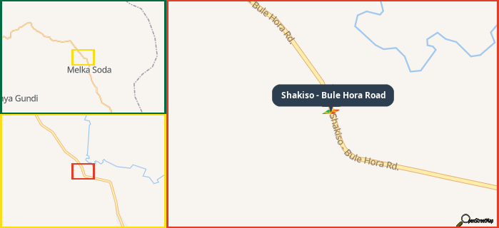 Map showing the address of Shakiso - Bule Hora Road in three different zoom levels.