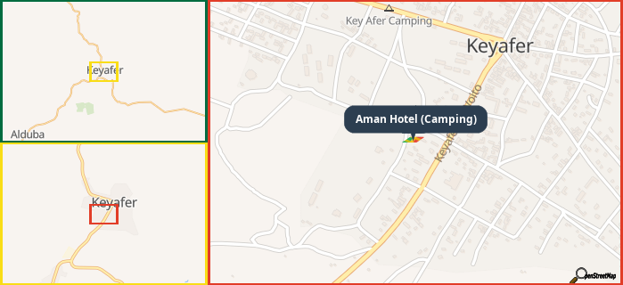 Map showing the address of Aman Hotel (Camping) in three different zoom levels.