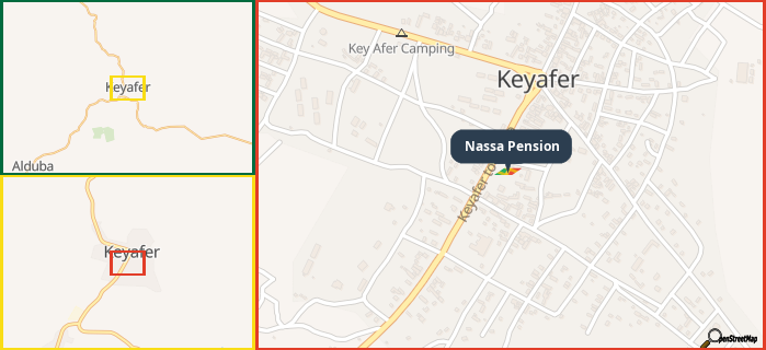Map showing the address of Nassa Pension in three different zoom levels.