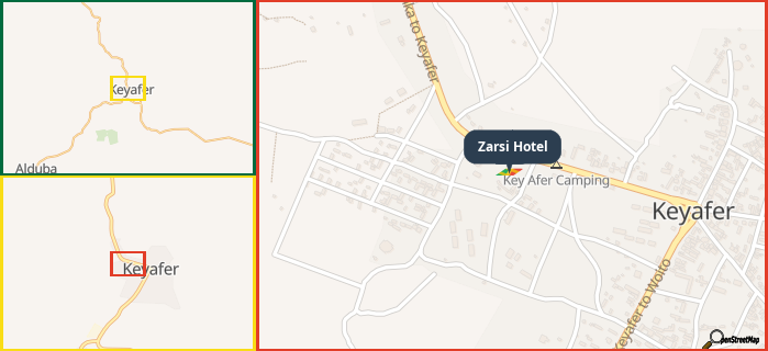 Map showing the address of Zarsi Hotel in three different zoom levels.
