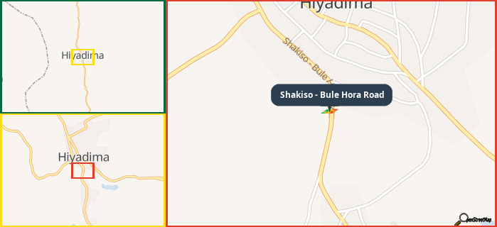 Map showing the address of Shakiso - Bule Hora Road in three different zoom levels.