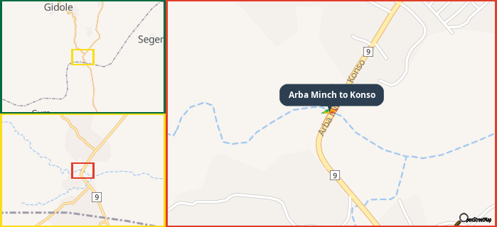 Map showing the address of Arba Minch to Konso in three different zoom levels.