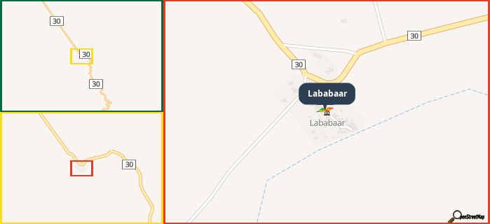 Map showing the address of Lababaar in three different zoom levels.